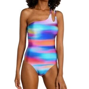 NEW La Blanca One Piece Swimsuit Tummy Control One Shoulder Blue Multi Size 10